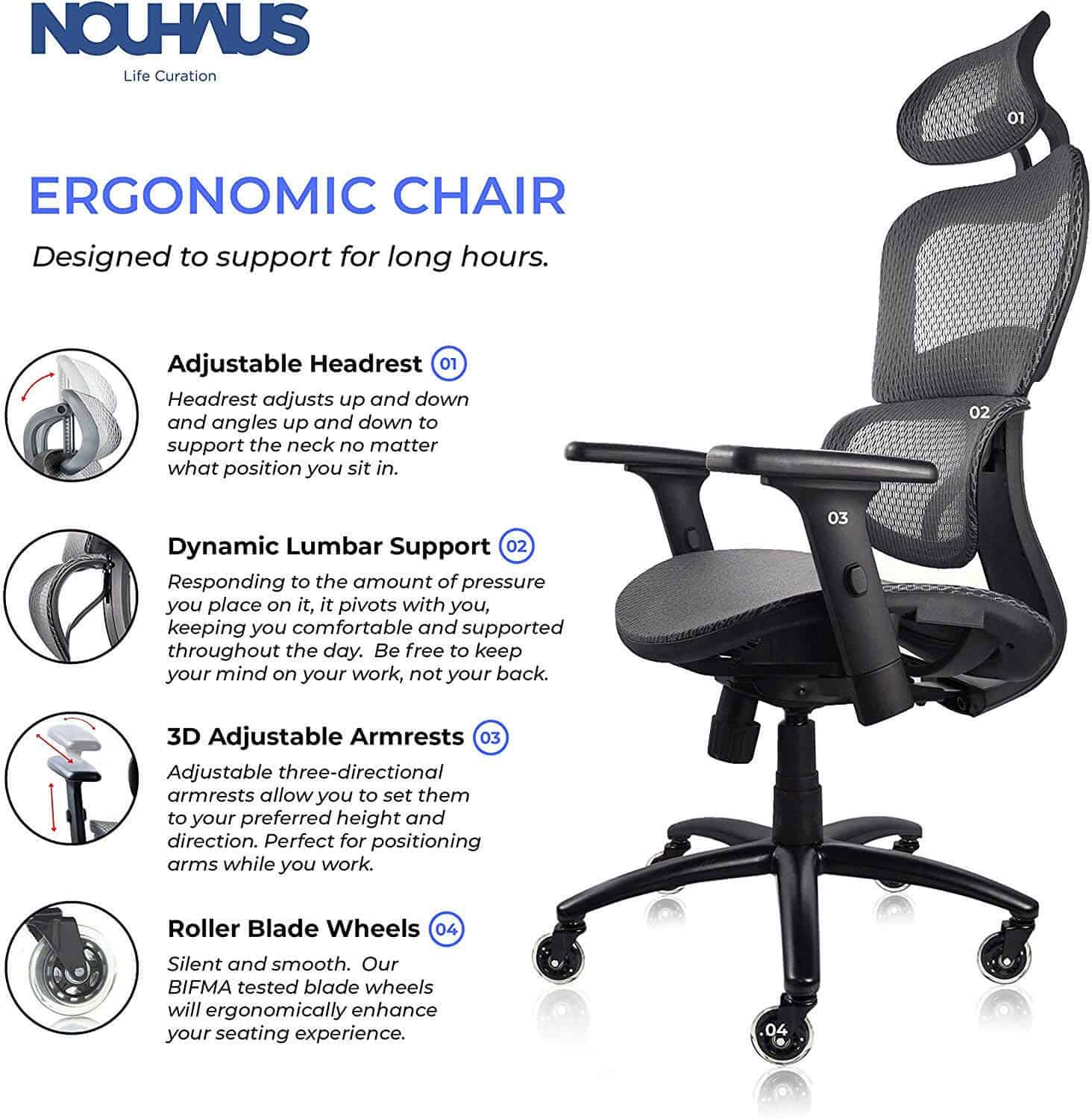 NOUHAUS Ergonomic Office Chair has ergonomic features.