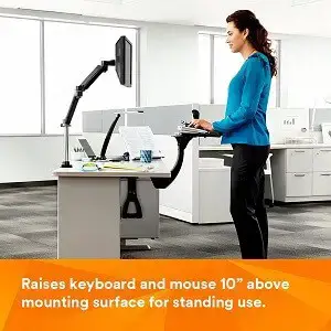 Raises keyboard and mouse 10" above mounting surface for standing use.